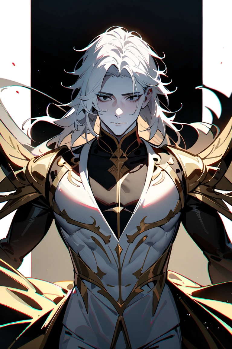 Man with long white hair, twenty years old, muscled body, white costume with gold details, gold eyes, strong body, mighty, epic