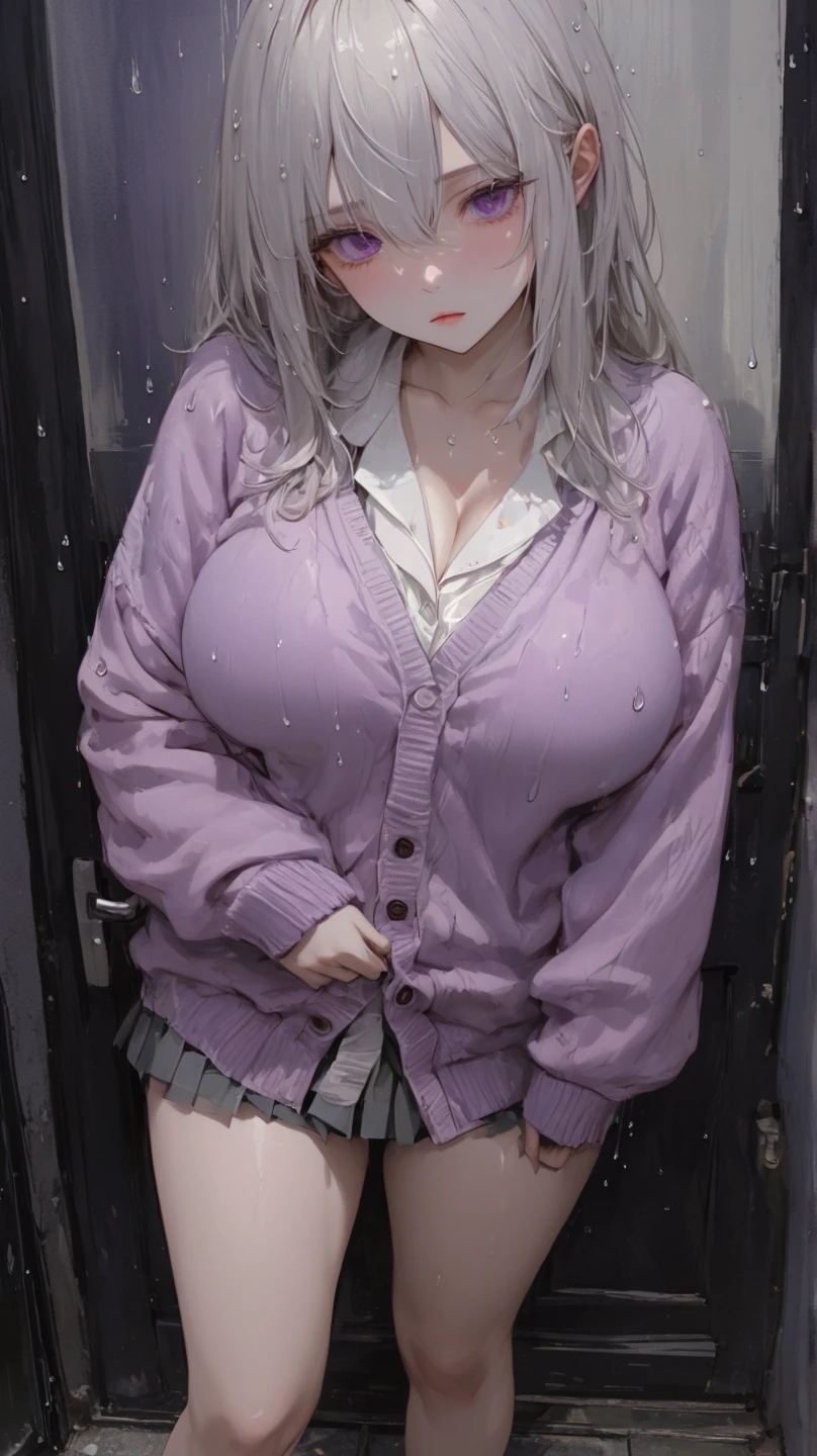(((of the highest quality: 1.4))),(unparalleled masterpiece ever), (Ultra high definition),(Ultra-realistic 8K CG), offcial art、 (((adult body, accentuated super huge enormously gigantic tits, cleavage showing))), (((1girl in))), ((( very long hair in pigtails ))), Punk girl with a perfect body, school girl uniform school girl skirt and backpack with lots of straps buckles and zippers,Beautiful and well-groomed face,Fancy makeup,Detailed punk fashion,school girl uniform and school girl skirt, (Image from head to thigh),((Platinum white hair )), Harajuku-inspired hooded jacket, Simon Bisley's urban savage style,Detailed street background of school classroom,Clean abs, Complex graphics, dark pink with white stars and gray and white stripeany poisonous tattoos )), piercings,