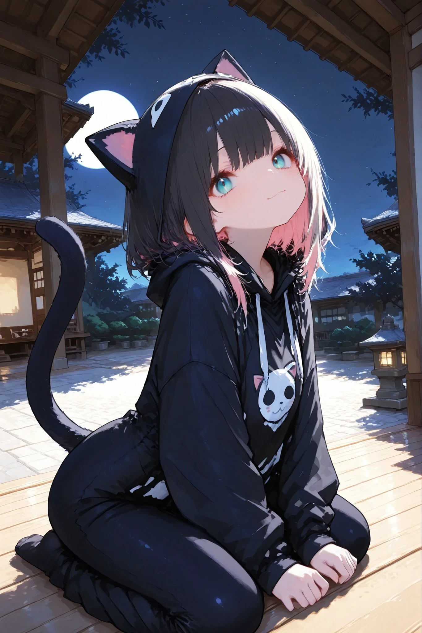 masterpiece, best quality, 8k, highres, ultra-detailed,HDR, UHD, studio lighting, ultra-fine painting, sharp focus, physically-based rendering, extreme detail description, professional, vivid colors、AIU,trk,Japanese Garden,Chibi、A girl in a life-sized cute black cat costume、Only the face is visible、Sit on the porch and look up at the moon、Wide-range shot、Night Sky、Moonlight