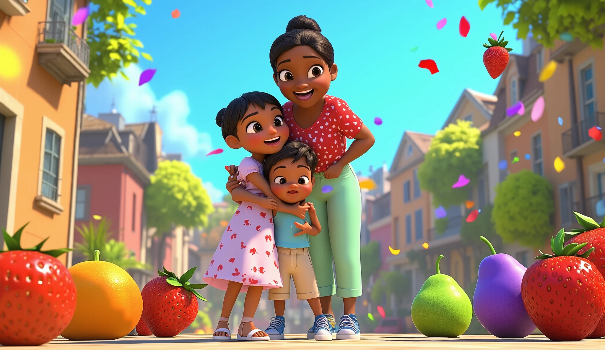 3D animated scene in Disney Pixar style: At the end of the song, The four-year-old girl, round face, bright brown eyes, dark brown straight hair tied in braids, fair skin, slender build, 80 cm tall, wearing a light pink knee-length dress adorned with small prints of red strawberries and white sandals, Two-year-old boy, oval face, large brown eyes, round cheeks, fair skin, short straight black hair, 50 cm tall, chubby build. Light blue cotton t-shirt without print or design, beige cotton shorts with elastic waistband and blue canvas sneakers with velcro straps, with a bright smile and The 40-year-old mulatto woman, thin and tall, dark hair tied up, bright smile. She is wearing a red blouse with white polka dots, a high neck, short sleeves, a regular fit (not tight) and a ribbed finish, combined with light green high-waisted pants, pleated in the front, straight cut to the ankle and a thin beige belt to accentuate the waist. They form a big group hug with the animated fruits, laughing and celebrating. Around them, colorful confetti falls from the sky, creating a magical and fun atmosphere. The sun shines in the background, and everything seems happy and vibrant. The screen closes with the fruits jumping and blowing kisses to the audience, leaving a magical glow in the air.