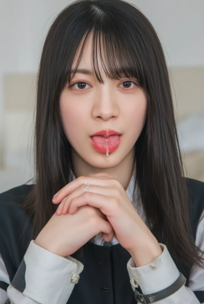 ,Short sleeve,White shirt,Grey checked tie,Grey checked mini skirt,Navy blue socks,open mouth,tongue out,cum on tongue,Sitting on a black sofa,looking ahead,from above,flont view,face focus,(1girl,Beautiful 14 year old girl),((Slender,Small breasts,Small face,)),looking at viewer,Black Hair,bangs,one side up,Beautiful and detailed,Expressionless,Dimly lit room,Simple Background,Black background,

