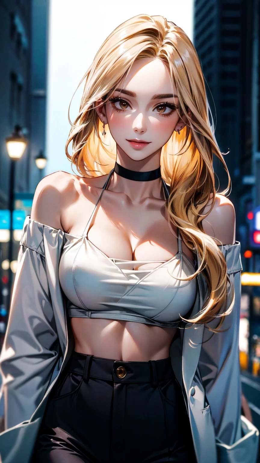 score_9, score_8_up, score_7_up, score_6_up, score_5_up, score_4_up, mature woman, bada, 1girl, solo, blonde hair, large breast, purple eyes, pink lipstick, long hair, blush, hetero, 1girl, solo, long_hair, midriff, skirt, crop_top, jewelry, lips, earrings, looking_at_viewer, standing, front shot, Cowboyshot