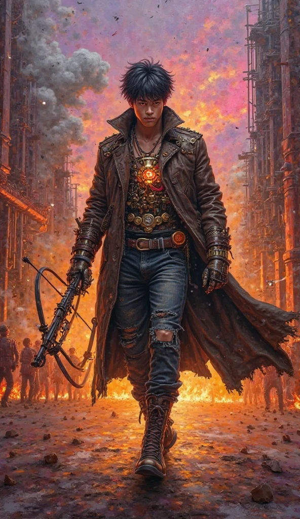 alta qualidade，Best quality at best，Realiy，super realistic，super detalhamento,tmasterpiece，A high resolution，8k，very realistic，epic fantasy HD art style,estilo de arte de fantasia sombria, Describe a scene where a man, appearing to be between the ages of 28 and 30, is prominently featured. His blond hair is spiked, giving him a disheveled appearance. He wears a black overcoat, black boots, and black pants, all visibly dirty and worn. In his left hand, he holds a lit cigarette, with the red and yellow flames glowing intensely, standing out amidst the low-saturation color palette of the scene. Behind him, the city is engulfed in flames, with vibrant shades of red and yellow, creating a striking contrast with the man's grimy and worn appearance. He appears to be lost in thought as chaos unfolds around him. --auto --s2