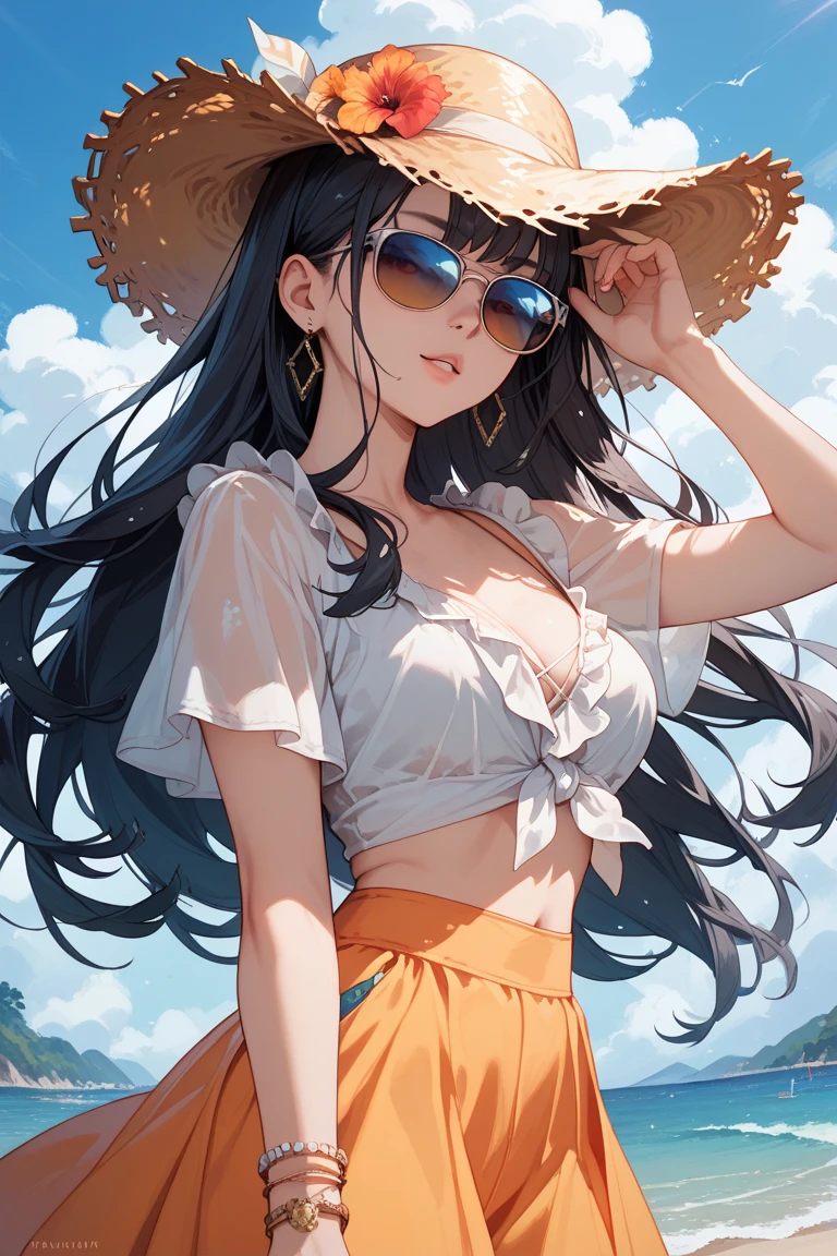 Nico Robin at the beach, large breasts, slim body, tall, sexy, fringe, perfect eyes, long black hair, mini skirt, country skirt, seductive, smirking, tanned, lighting, shades, best quality, masterpiece, beautiful, high resolution, ultra detailed, photorealistic, worked textures, intricate art, country outfit, country hat, thick outlines, sun shinning over head.
