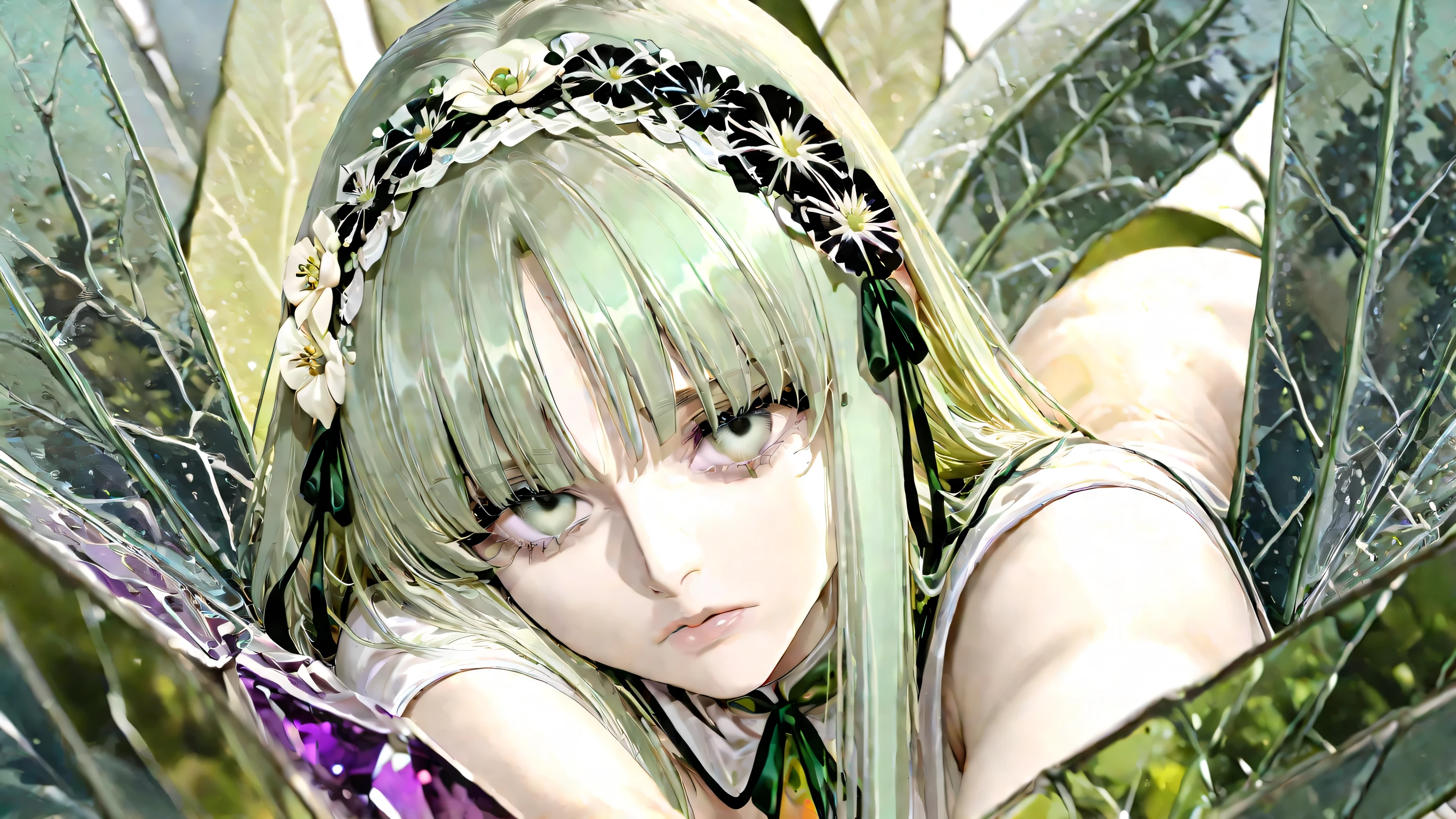 absurd、High Resolution、Super Detail、（   1girl   :1.3）、break　A fairy who remains young、break　Moonlight、A fairy who remains youngが隠し、break　sexual gender、long waves of emerald green hair、break　flowing eyes like jewels without fading、break　Eye color emerald green、break　、A fairy who remains youngが、Shining in the pale green forest、break　Flower and plant headdress、break　A fairy who remains youngに蛇の精霊が纏う、break 　stare at viewers with their left bangs hanging down、dynamic angle、Depth of Field、