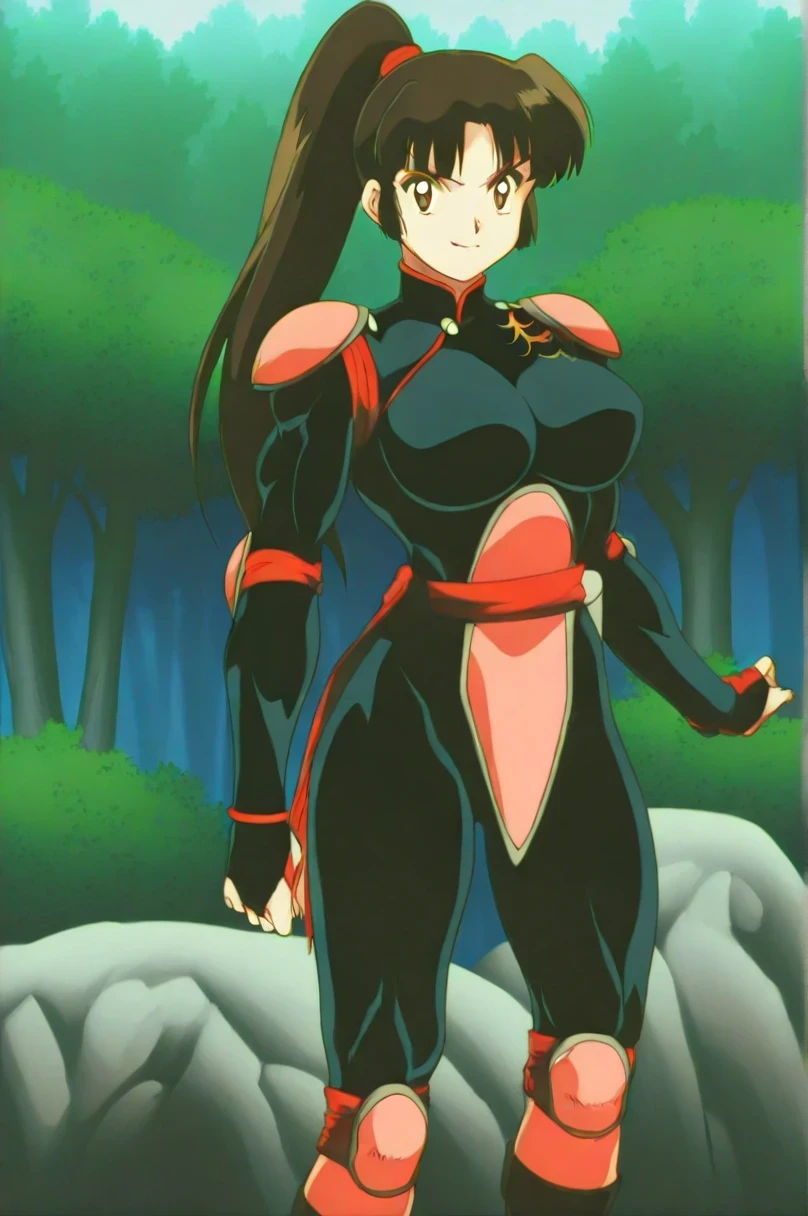 best quality, masterpiece, portrait,sango, KizukiAi, brown hair, brown eyes, high ponytail, long hair, medium breasts, bodysuit, pauldrons, armor, (looking at viewer:1.3), outdoors, forest, smile