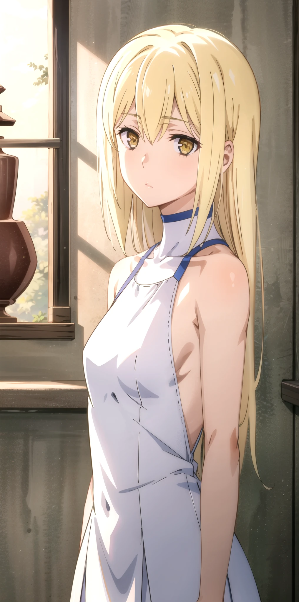 tall body, tall, long legs, mature female, mature, adult, eft_danmachi_aiz, 1girl, solo, long hair, blonde hair, yellow eyes, breasts, bare shoulders, upper body, looking to the side, sleeveless, anime coloring, medium breasts, hair between eyes, closed mouth, looking at viewer, expressionless, collarbone, dress, white skirt