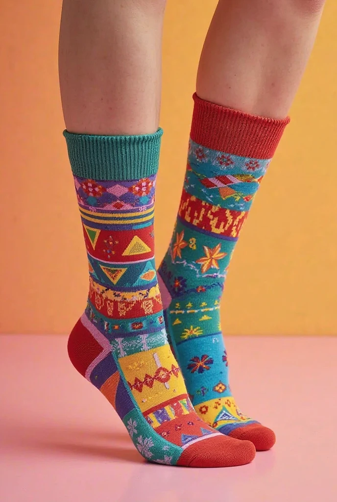 Mid-calf socks with design, in blue colors, yellow ochre and white