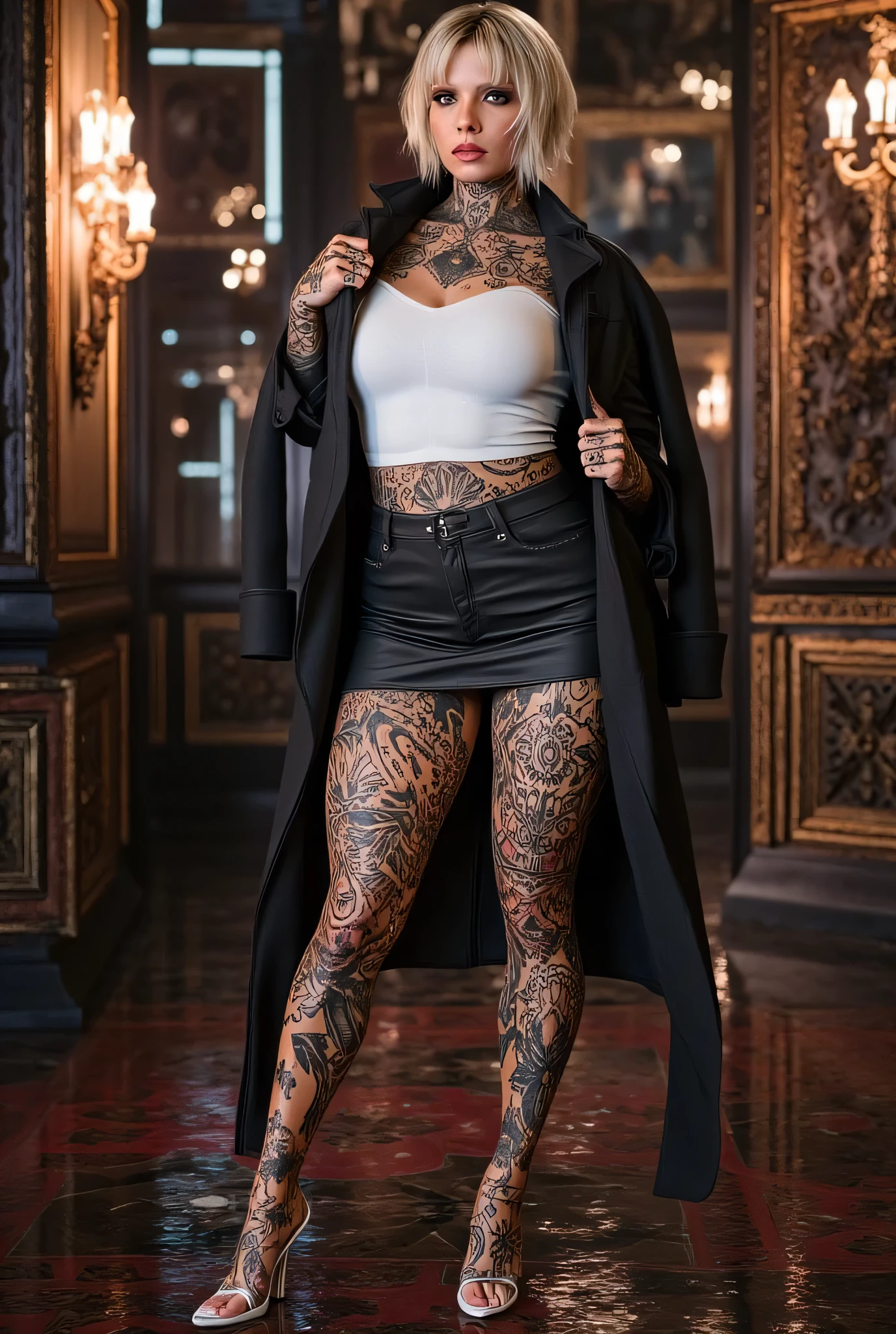 A full-bodied woman with an hourglass figure, radiating confidence and aggressiveness in her expression and posture. Her hair is short with a low fade and a fringe that frames her face with a bold and modern air. Her skin is completely covered with tattoos, each meticulously detailed design, telling stories in geometric shapes, mystical symbols and floral motifs that intertwine in complex patterns.
She wears a very short mini skirt, highlighting the musculature of her legs, along with a slightly fitted white shirt, revealing part of her body art. About her, a black jacket, that adds an air of rebellion and sophistication.
Her pose is dominant and full of attitude: a slightly forward leg, a hand On the hip and the other holding the edge of her jacket with confidence. Her eyes reflect a fierce determination, and her posture exudes power and security.
The background is a work of art in itself, full of intricate details. It could be an urban environment with neon lights reflected in pools of rain, or a space full of baroque elements, where each object is adorned with fine carvings and elaborate decorations. Every corner of the stage complements her imposing presence, enveloping her in an atmosphere as impactful as herself.