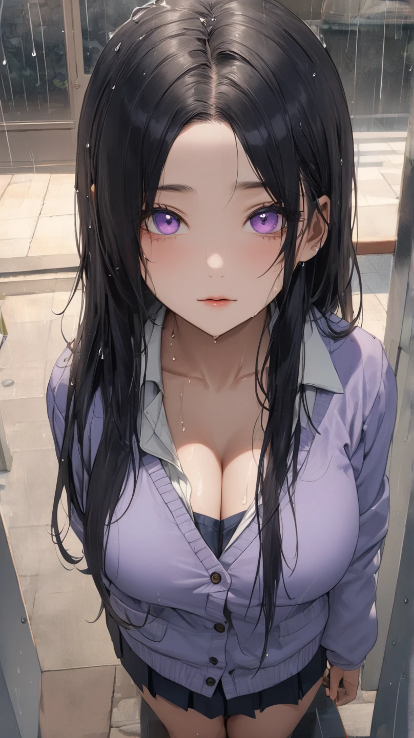realistic, 1 girl, black hair, purple eyes, shining eyes, Front naked, parted lips, blush, masturbation