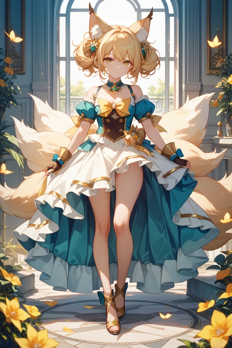 **Theme**: A cute beast-girl, called the angel of the desert, who is a 10-year-old sand cat (with sand cat ears and tail). The strongest and ultimate 10-year-old cute beast-girl becomes a ballerina, striking a graceful ballerina pose.
**Body Type**: skeleton, thin limbs, delicate curves, adorable hands, short stature, compact body, attractive appearance.
**Hairstyle and Color**: Please add elements of a ponytail tied at a low position in the back to the basic form of a bob cut. Arrange part of the side twin tails and incorporate the lightness of short hair overall. The hair color is deep brown, and the ribbon of the ponytail is accented in red. Please make it harmonize and look natural as a whole.
**Perspective**: Full body: By drawing the whole body of the character, you can express the overall image of the costume and pose.
**Composition**: From above: This is a composition where you look down on the character from above.
**Background and Background Color**: The colors are gold, green, blue (must be added as it is the main color), light blue, yellow, silver, deep crimson (may or may not be added as it is a sub).
**Style**: It has the style of high-resolution official artwork and very detailed elaborate fan art that is trending on ArtStation and Pixiv. Refer to the key art and feminine style of Kushart Krentz, and the Fate style. It also has a realistic anime 2.5D style and a realistic anime girls style.
**Quality Improvement**: Use the golden ratio 1.2 and the drafting board 1.3 to aim for absurdres, highest quality, real, hyperreal, ultra-detailed illustrations. Create a beautiful masterpiece in 64K ultra-high resolution and make it a large file size. The face is high resolution, and the lighting is perfectly finished. The resolution can be selected from high resolution (HD, 4K, 8K, 16K, etc.). The color bit depth is 24 bits, 48 bits. Please make it a perfect AI illustration prompt that reflects everything.
**Ballerina Costume**: She is wearing a t
