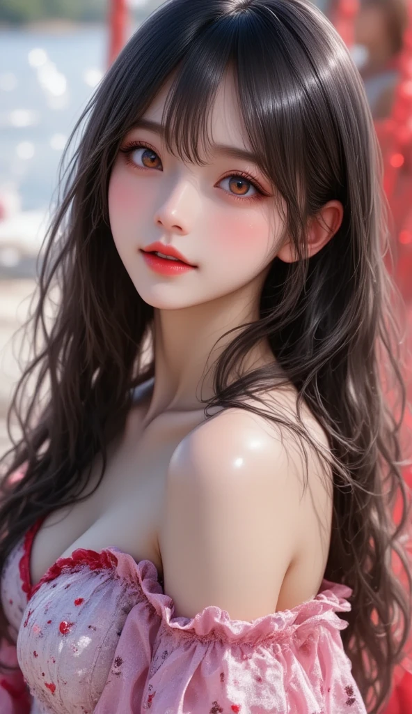 ((Biologically correct number of limbs))、(( Photo including face))、4K、masterpiece、((focus on the face))、((Symmetrical facial features))、Eyes of minute description、Beautiful woman、outstanding style、beautiful clavicle、beautiful legs、(small ass、thin thighs)、(black stockings、high heels)、Detailed depiction of faces、small earrings、necklace、Low - Angle、(red one-piece dress)、The background is walking on the hill at sunset、upper body close-up、realistic pictures、