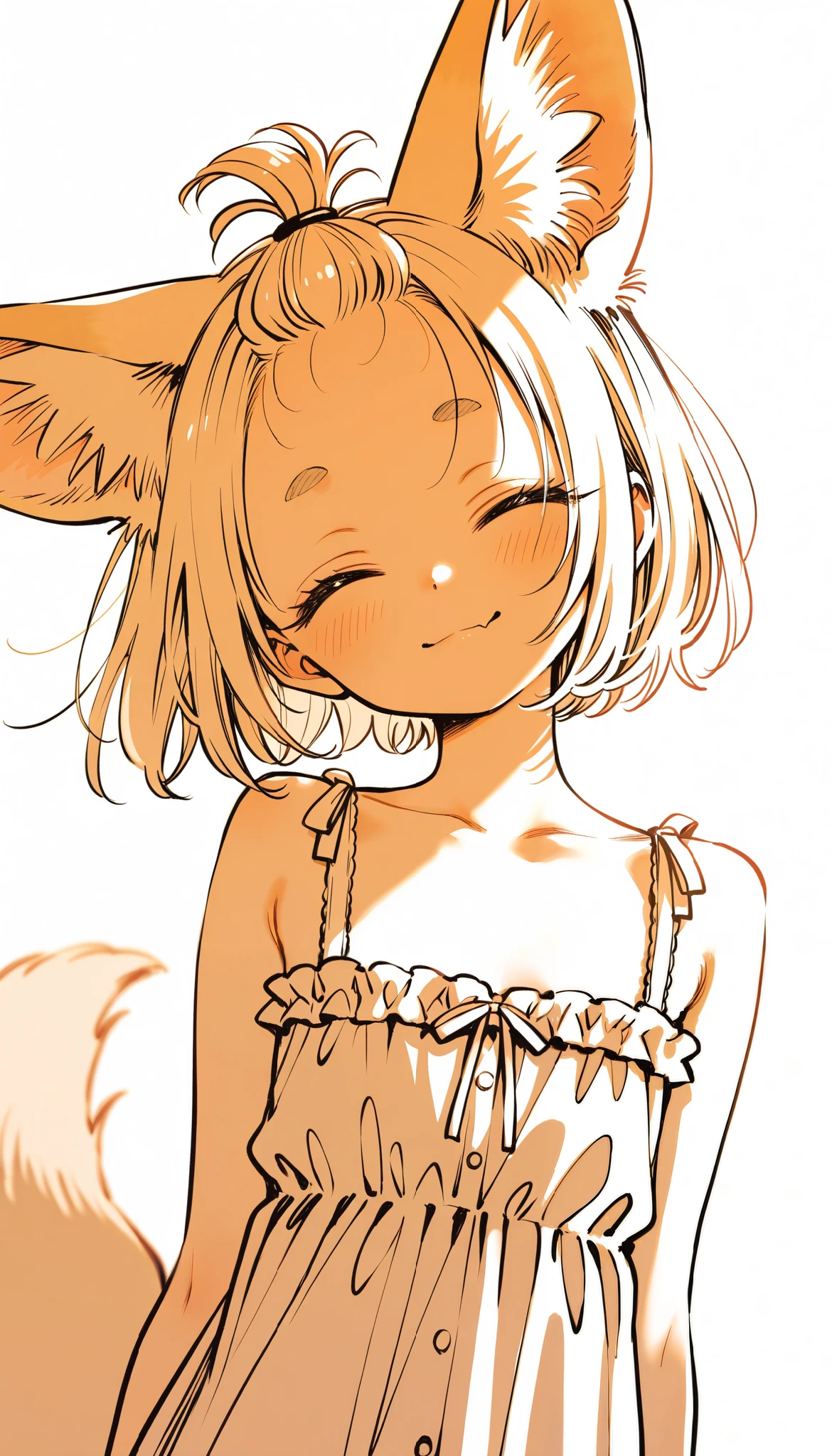 artist:kotteri, artist:sugano manami, monochrome, hatching texture, shadows, backlighting, faux traditional media, 1girl, fennec girl, short hair, fox girl, big animal ears, animal ear fluff, large ears, bangs pinned back, fluffy hair, eyelashes, round eyebrows, fox tail, flat chest, , white dress, frilled straps, sleeveless dress, light smile, looking at viewer, head tilt, smile, closed eyes, happy, skin fang, simple background, upper body, masterpiece, best quality, amazing quality, very aesthetic, high resolution