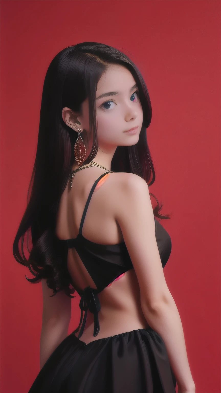 Ultra HD resolution，artistic photos，Photography，21yo girl,earrings,long hair,Red background,Black backless dress,necklace,cowboy shot,