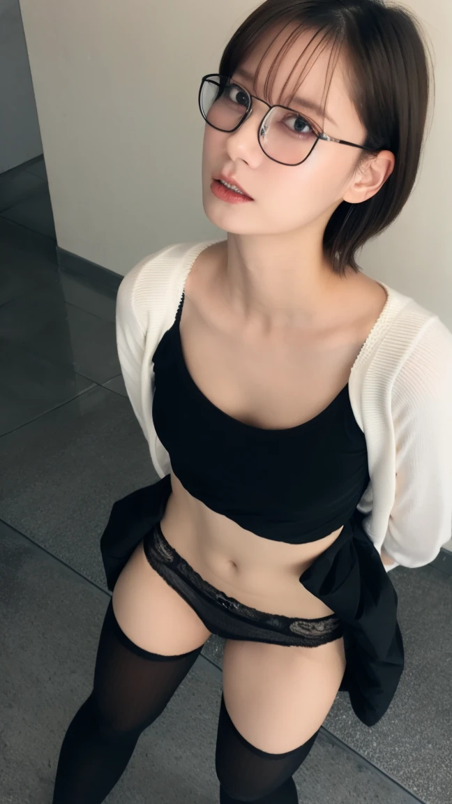 ((highest quality, 8K, masterpiece :1.3)), 1 girl, A beautiful woman who emphasizes her plump abdominal muscles: 1.3, full body, (long hair, flat chest: 1.2), oversized tank top: 1.2, super delicate face, delicate eyes, double eyelid, smile, Wet, Bathroom, Sexy black lace underwear、bob cut