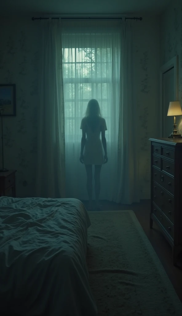 A screaming naked woman im a bedroom with a portal behind her. The woman is brightly lit and sweaty