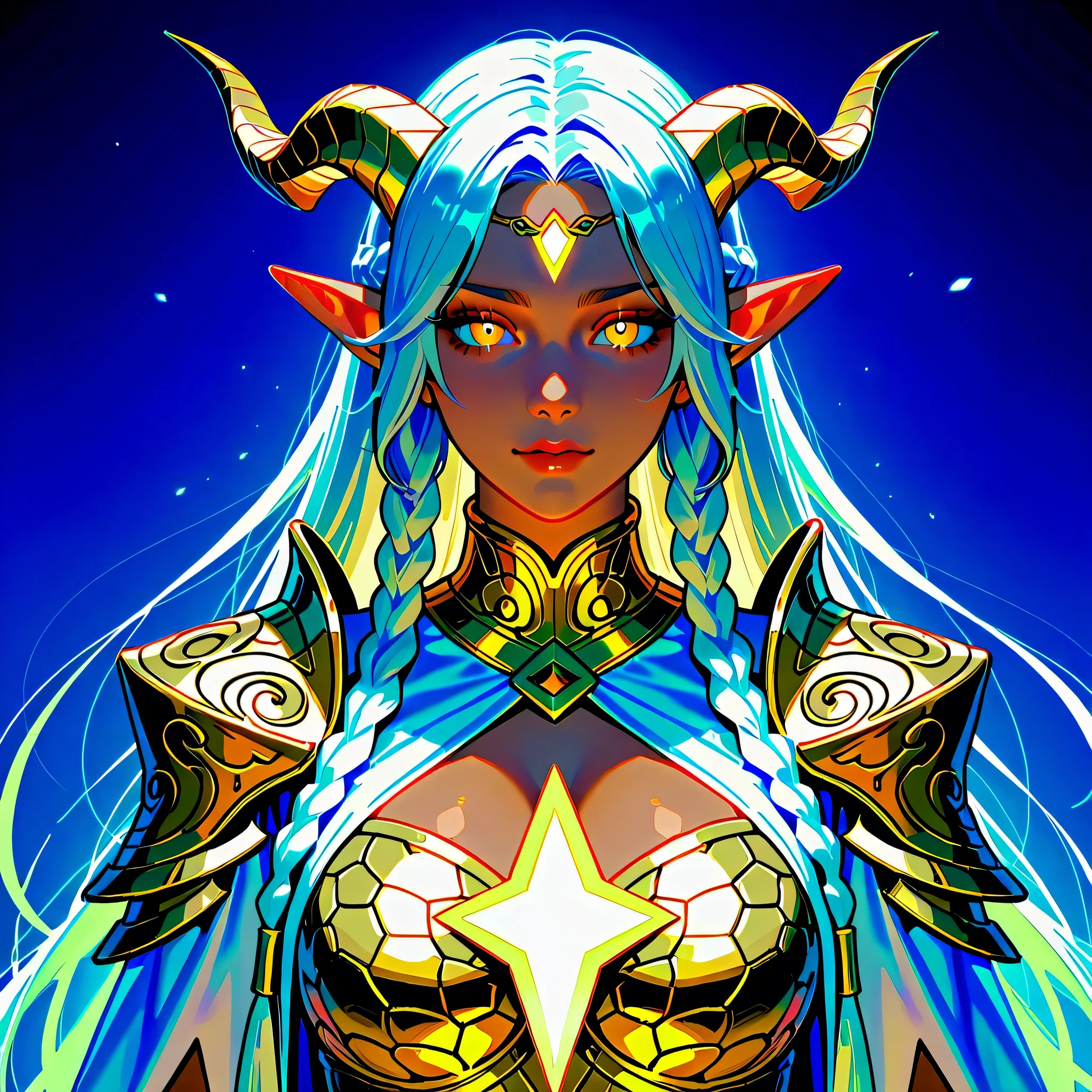 beautiful girl elf with horn, She is a tall, regal woman with lightly tanned skin and golden eyes that shine with an otherworldly streak. Her hair is black, always arranged in intricate braids that resemble the natural patterns of a dragon's scales. Her robes are made of rare fabrics and ornate armor, fashioned from draconic metal, shining with ancient energy, beautiful details eyes, deep pupils, beautiful details long hair, hight quality, 8k texture