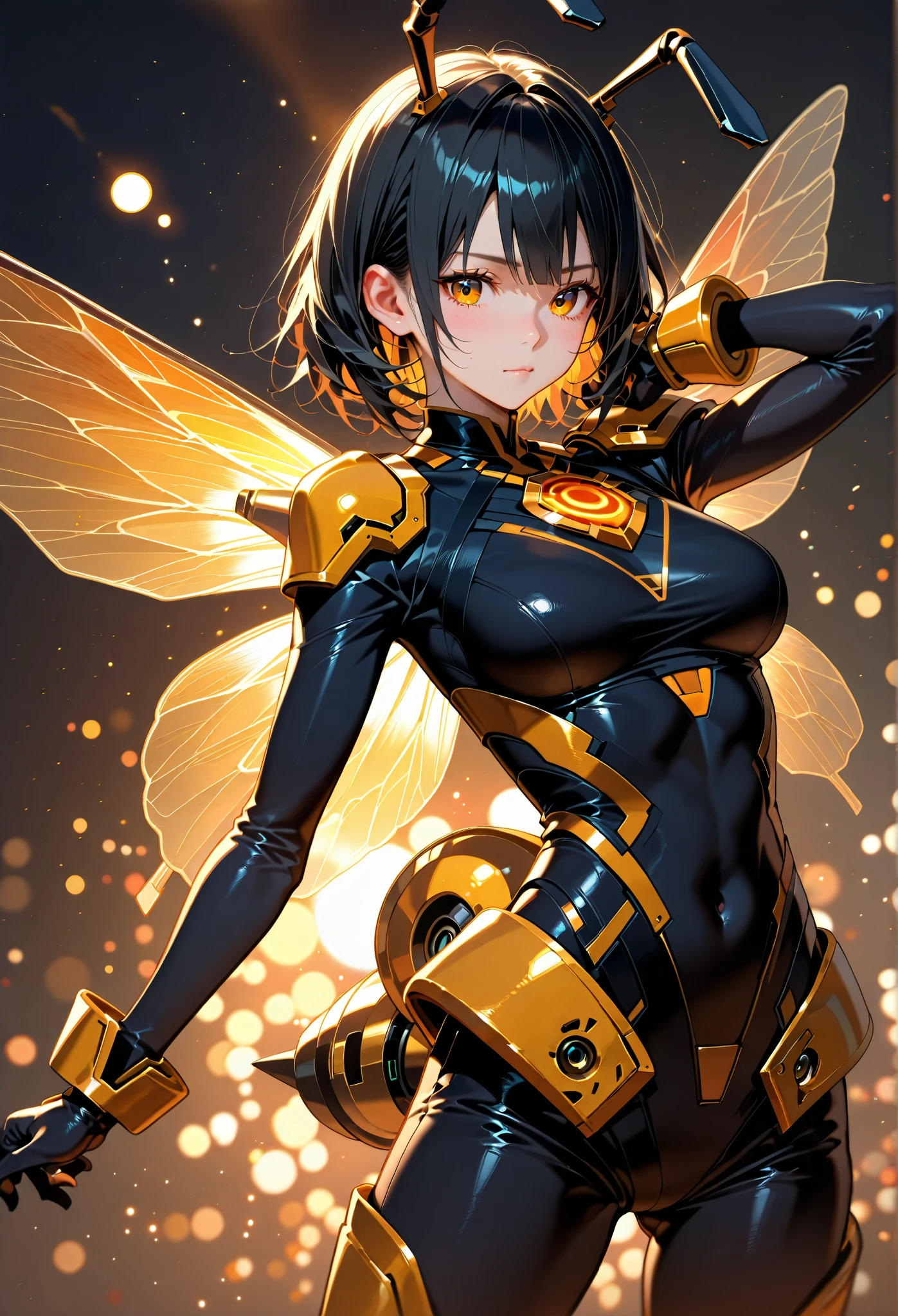 ((best quality)), ((highly detailed)), masterpiece, absurdres, (detailed eyes, deep eyes), (1girl), (glasses), dynamic angle, dynamic pose, cowboy shot, (((bee girl))), ð, colored skin, coal black colored skin, (black hair, <lora:conceptColoredInner_v10:1>, yellow colored inner hair), black eyes, fur, (arthropod girl), ((antennae)), (bee wings), (symmetrical wings), (carapace), (arthropod limbs), wide hips, beehive, honey, honeycomb (pattern), hexagons, fur-trimmed clothes, black and yellow clothes, soldier, expressionless, holding a mace (weapon), shoulder_armor, gauntlets, armor, covered hips, armored skirt, greaves, armored boots, medium hair, medium breasts, standing, inside, in front of castle gates, (outdoors, in a castle, night, night sky, stars, moonbeam, telescope), <lora:Akira_Style:1>, style akirafilm, a frame of a animated film of a woman, neon lights, new tokyo, A futuristic cityscape