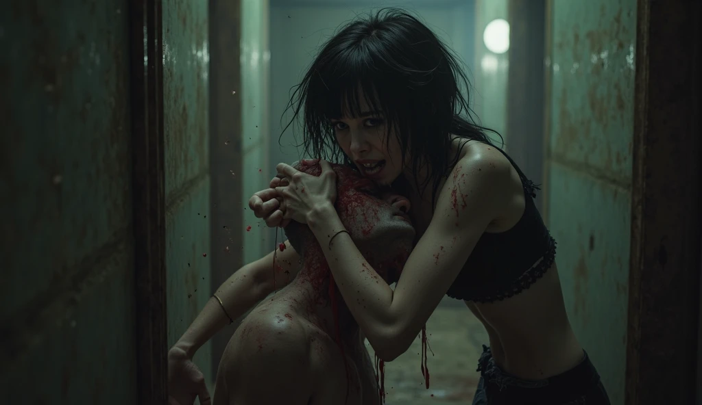 zombified woman in a techno rave scenario, blurred crowd dancing in the background, dancing zombies in the background, dancing people blurred in the background, night context, punk vibes, horror cinematic, rave in an abandoned factory, punk horror, underground rave, dark atmosphere, ultra detailed, best quality, masterpiece.