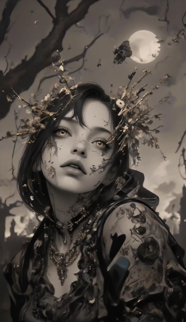 portrait of the most beautiful form of chaos, elegant, a brutalist designed, vivid colours, romanticism, by james jean, roby dwi antono, ross tran, francis bacon, michal mraz, adrian ghenie, petra cortright, gerhard richter, takato yamamoto, ashley wood, a girl wearing intricate dead details flowers, intricate flowers as dress, ((decay and spooky)), plants and branches, atmospheric, trending on artstation. 8 k masterpiece, ((symmetry))