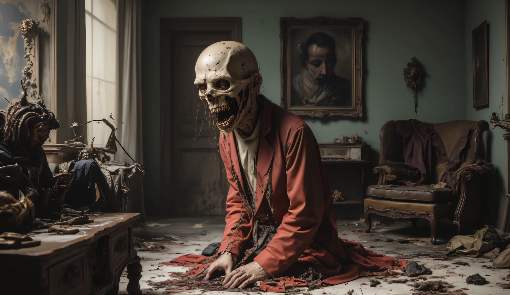 Old bedroom. Walls falling apart. Filthy run down room with toys. One large sad, creepy, morbid, disgusting rag of a doll sitting in a chair. Patches of dark hair on it's head. Torn, dirty fabric, coming apart at the seams. Terrified smaller stuffed animals look around with fear. Startling scene. Horrific evil doll with devil eyes. Sad scene.Macabre. Demonic, creepy doll. Iconic images. Depressing scenes. Photo-realistic, ultra-detailed, realism, portrait photography,cinematic portrait, cinematic photography, UHDR, full focus, highest quality, cinematic lighting, attention to detail,optical illusions, unique, cinematography, best quality, masterpiece.