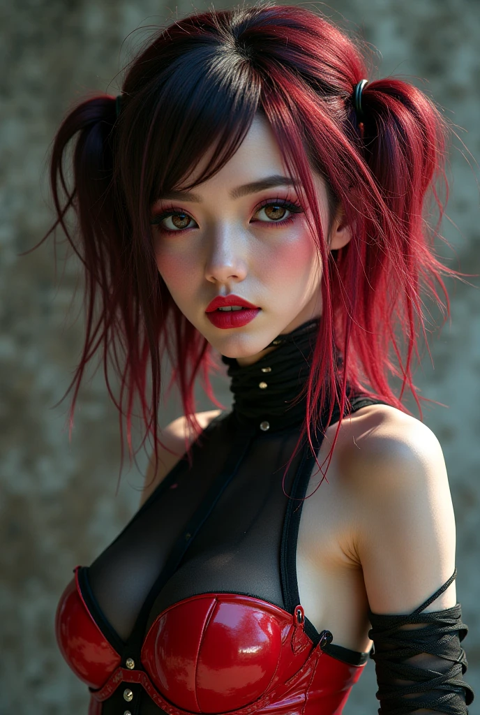 vampire red eyes, sadistic smile, short mini skirt, sweatshirt, black hair with red locks masterpiece, best quality), intricate details, (best quality)), ((masterpiece)), ((realistic)), (hyperrealism:1.2), (fractal art:1.2)extremely detailed eyes, colorful, more detailed, vibrant colors, high contrast, (8K UHD:1.2), (photorealistic:1.2), posing for photo pose sexy hentai