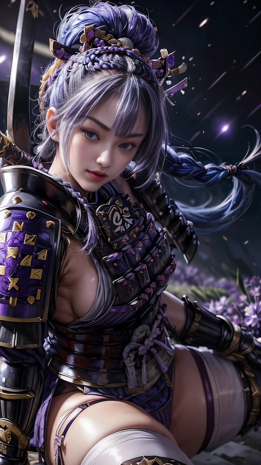 young woman,Oiran,warrior,(wielding a huge_weapon:1.3), in white for summer very detailedな, realist,(seductive smile:1.1),(from front),(Close up the subject's face:1.6),( combat posture:1.8), Brilliant Appearance ,extremely detailed, Imaginative,sensual ,top quality, skin texture,(French braid hair:1.6),(Indigo blue hair:1.3),muscular female,toned body,plump thighs,(huge breasts),(sideboob),(purple Samurai armor:1.8),(White Cloak), (gypsy skirt),(garter belt:1.3),(black tights at a distance),(absolute region with to), Intricate Details ,(cinematic lighting),Battlegrounds in the Sengoku period :1.3,(Full moon in the night sky:1.3),(Meteor shower:1.6),(Hyacinth background:1.3),(Hyacinth petals:1.3),(Hyacinth petals dancing in the wind),(Hyacinth flowers are blooming all over the front of the subject:1.3), confetti, RAW photos , 8k, masterpiece, top quality,ultra detail on squat toilet,in white for summer very detailed, Intricate Details ,High Resolution,超Intricate Details,in white for summer very detailed 8k cg wallpaper,