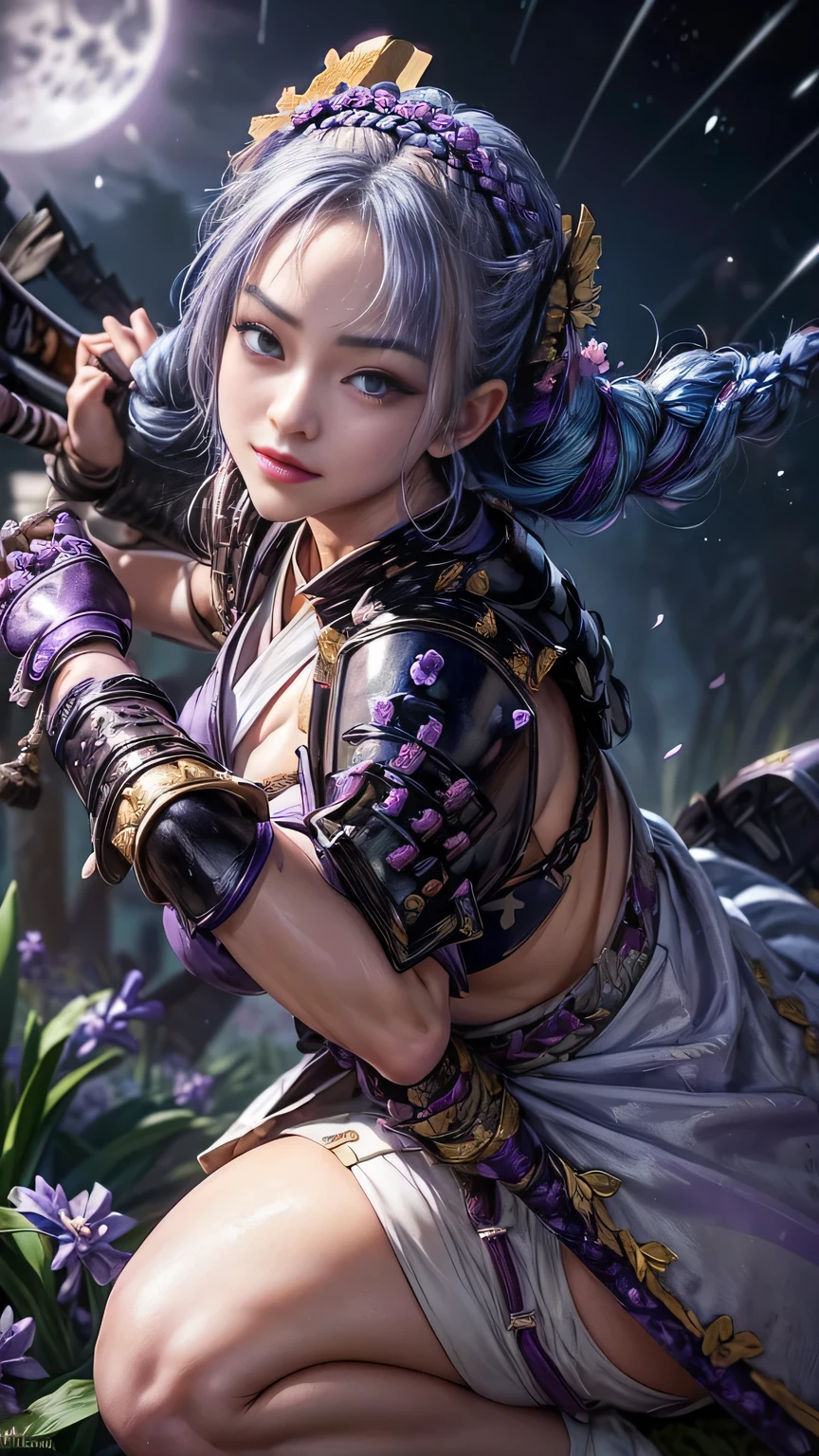 young woman,Oiran,warrior,(wielding a huge_weapon:1.3), in white for summer very detailedな, realist,(seductive smile:1.1),(Close up the subject's face:1.6),( combat posture:1.8), Brilliant Appearance ,extremely detailed, Imaginative,sensual ,top quality, skin texture,(French braid hair:1.6),(Indigo blue hair:1.3),muscular female,toned body,plump thighs,(huge breasts),(sideboob),(purple Samurai armor:1.8),(White Cloak), (gypsy skirt),(garter belt:1.3),(black tights at a distance),(absolute region with to), Intricate Details ,(cinematic lighting),Battlegrounds in the Sengoku period :1.3,(Full moon in the night sky:1.3),(Meteor shower:1.6),(Hyacinth background:1.3),(Hyacinth petals:1.3),(Hyacinth petals dancing in the wind),(Hyacinth flowers are blooming all over the front of the subject:1.3), confetti, RAW photos , 8k, masterpiece, top quality,ultra detail on squat toilet,in white for summer very detailed, Intricate Details ,High Resolution,超Intricate Details,in white for summer very detailed 8k cg wallpaper,