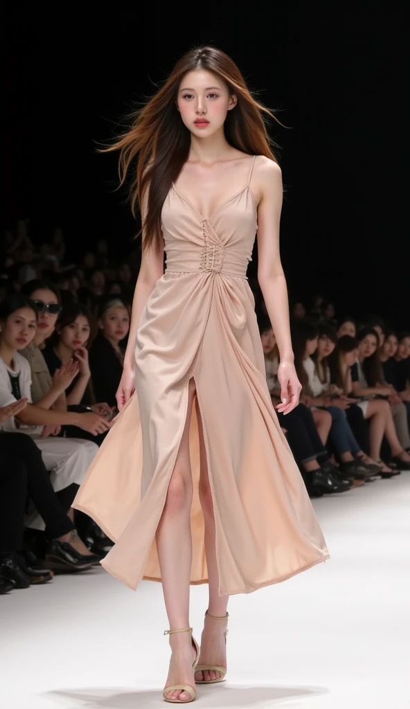a picture of a parading beautiful ginger model, from below, she has long straight hair, beauty spots, (light freckles:0.9), she is wearing an intricate Versace dress background of a fashion show, runway, catwalk, <lora:xEpi:1><lora:Elixir:1>