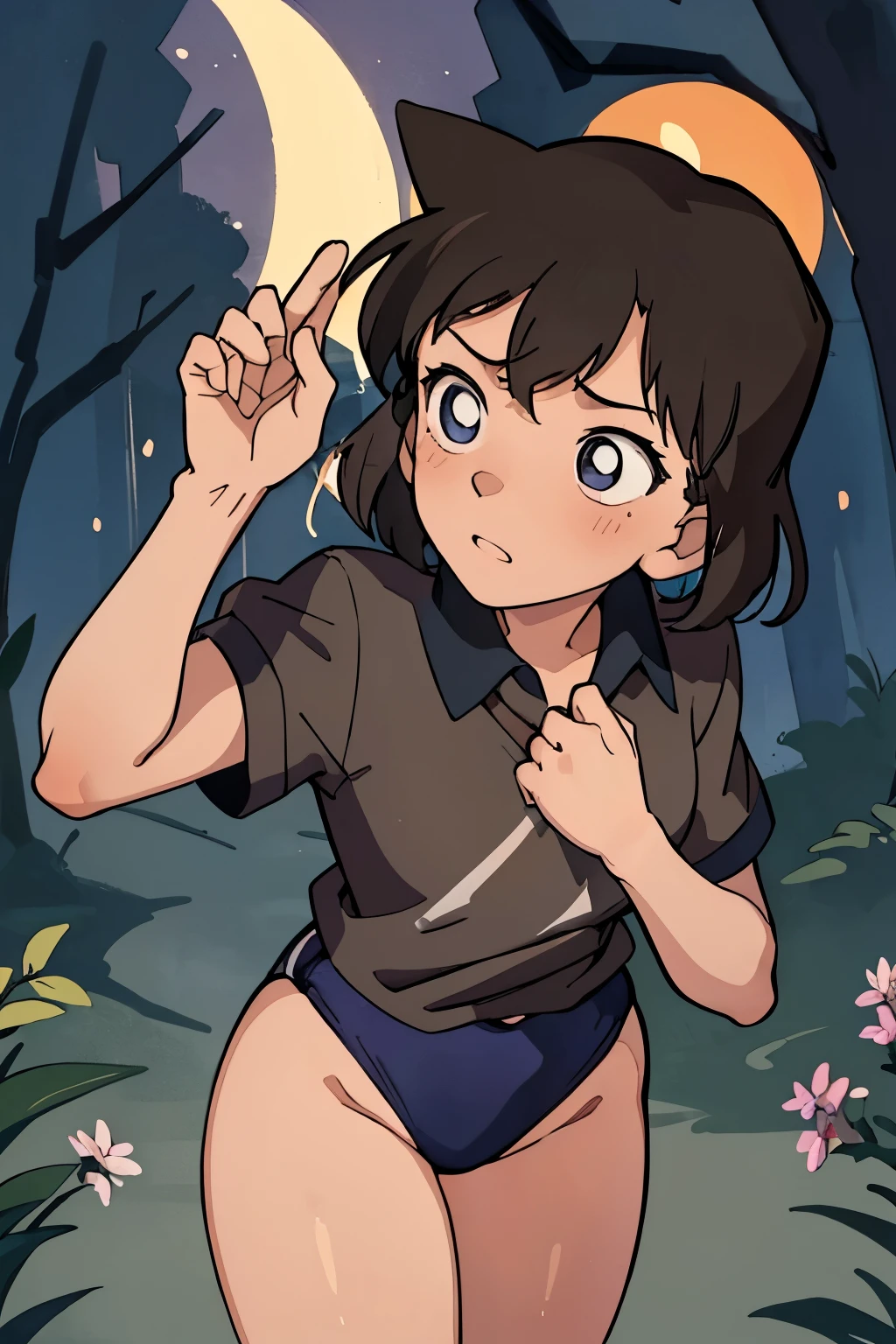 (masterpiece, highest quality), (夜のdark森), One Girl, young , Black gymnastics bloomers, High leg、School Shirt, standing in night forest, Looking up at the forest、Anxious expression, Emotional, Wide-angle, dark, Best Shadow, watercolor,Mouri Ran,While taking off her bloomers,