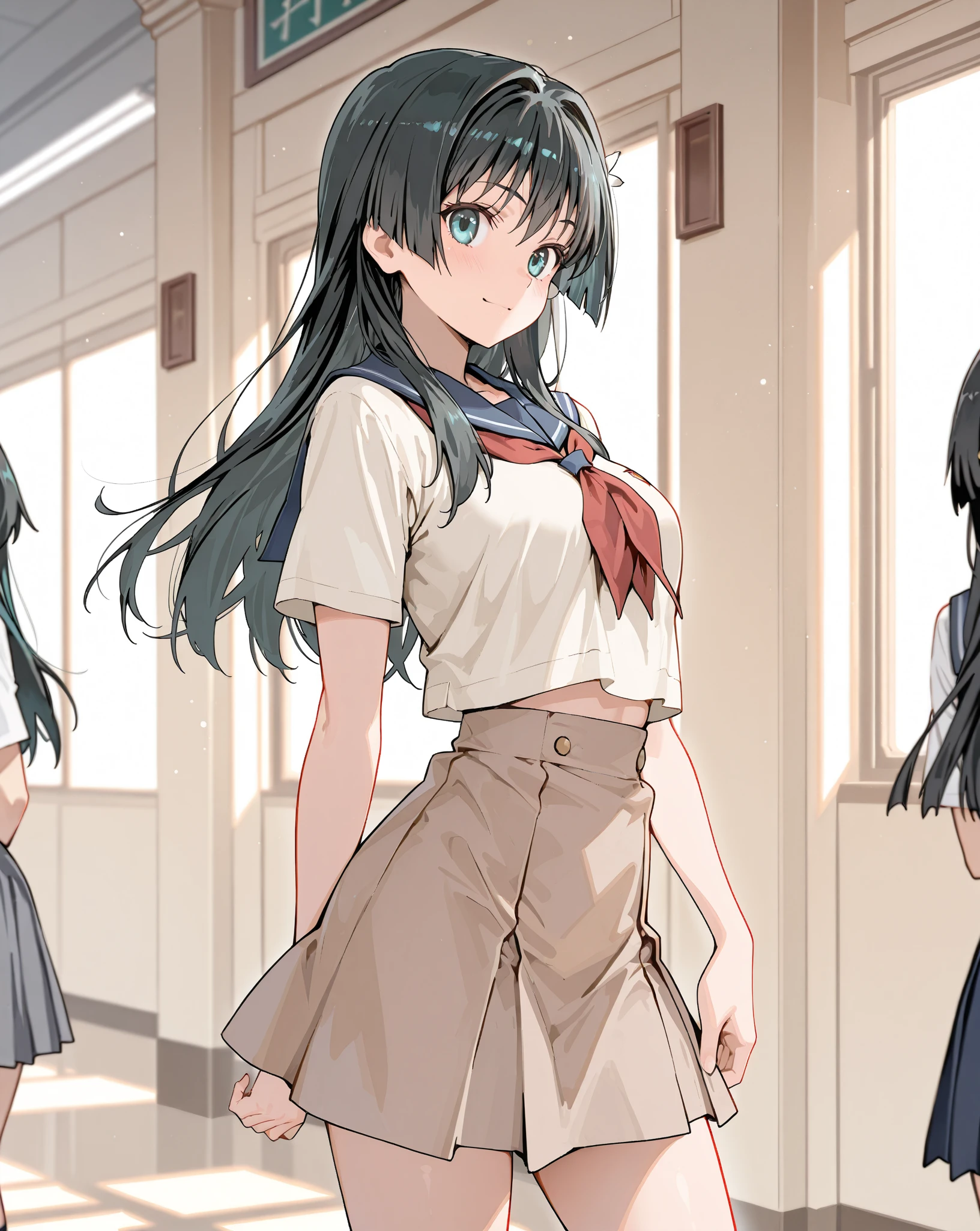 
((2-panel cartoon)),((Highest quality, 8k, masterpiece: 1.3)), whole body,1 personの,1 person,,Glamorous Body,cute,smile,Open your mouth,Black Hair,Beautiful emerald green eyes,long hair,Stand in front,Sailor suit,White short sleeve blouse,tie,Black pleated mini skirt,loafers,Cute gestures,