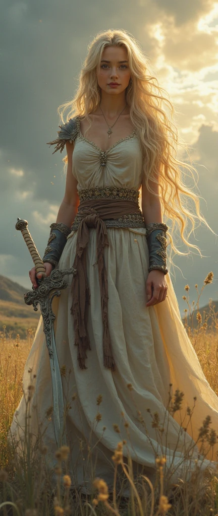 Theme of the game Final Fantasy. Image of a bronze-haired girl standing holding her favorite sword , pastel colors, and dramatic tones. A masterpiece with the highest resolution , Image type semi-realistic