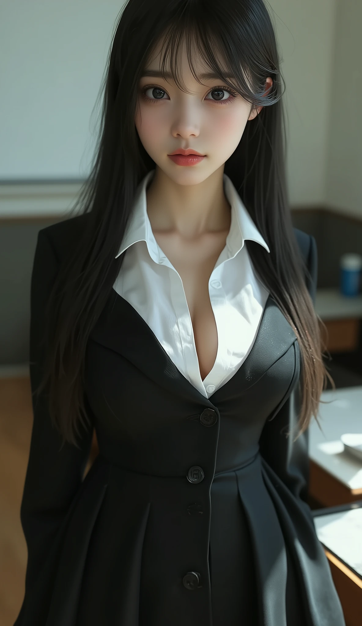 Darkness, night,Raw photo, highres, absurdres,UHD,girl,age 23,coat,pant dress, upper body, (big huge breasts,H cup breasts), court room dress,formal ,( tight fit clothes:1.2), korean style hair,depth of field, indoor,(court room), (((looking at viewer))), perfect eyes, Night,rim light from front,(nipple bulge), perky breasts, Sitting, people in background
