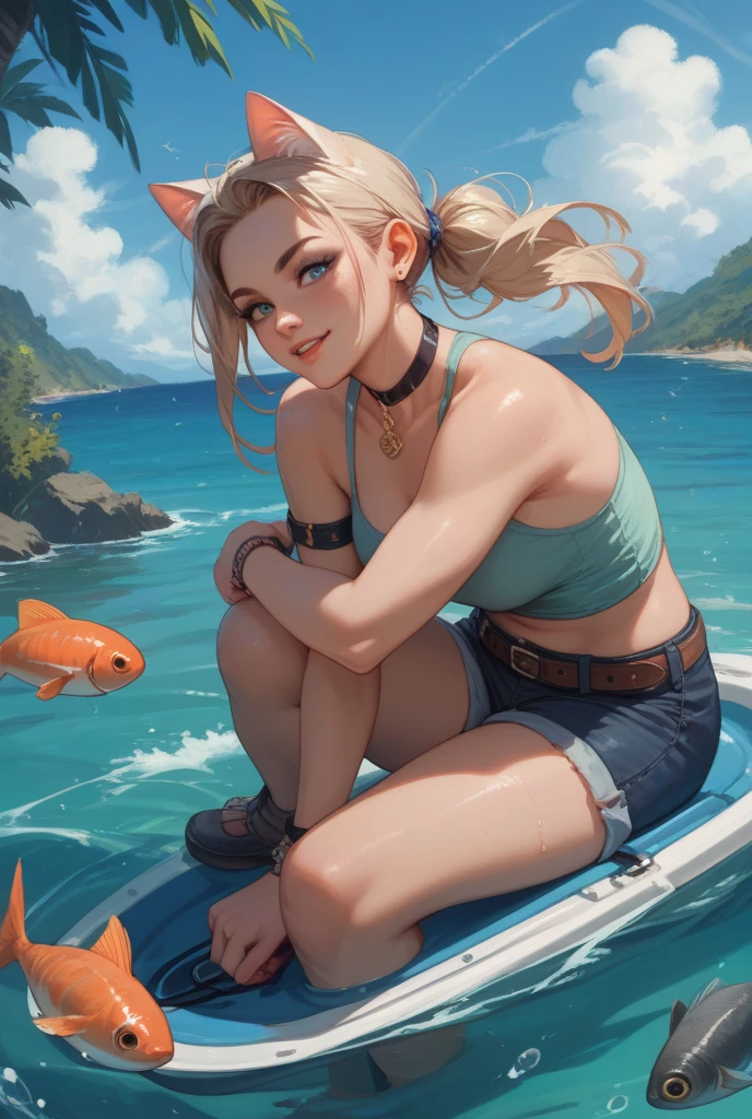 score_8_up, ((adult)), woman, elf, medium breasts, peachy ass, dolphin shorts, loose tank top, sideboob
