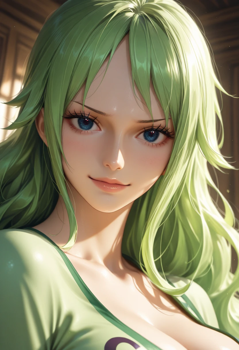 masterpiece, best quality), intricate details, 1 girl, woman, green hair, nami \ (one piece\), (long hair), shirt, white shirt, female focus, clothes, orange colour kimono, sarashi, nature, scenery, upper body, straw hat, ((front view)) ((close up shot)) ((solo)) ((hair over one side of face)) detailed, very high resolution, no blurry image, full body, green eyes, sligh wavy hair, ((nami from one piece)) ((female nami from one piece)), holding katana