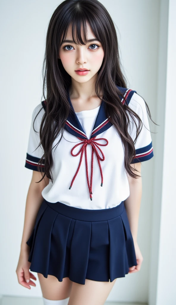 mix4, (16 K, Raw photography, Top image quality, masterpiece: 1.45), (realisitic, Photorealsitic: 1.37), one girls, 7.5, etc、Random hairstyle、Standing figure,Noon time slot、cute little, A city scape,, profetional lighting, photon maping, Cityscape with street trees, physically-based renderingt, Gradient dark brown hair,, a handsome, Well-groomed and beautiful eyes、Large double eyelids、Very shiny、girl with, (((student clothes、Long sleeve sailor suit worn by Japan schoolgirl、red cuffs、Dark blue mini skirt, Small gray beret、Dark blue knee-high socks、Black loafers))), Top Quality Photos, hight resolution, 1080p, (clearface), (Detailed face description), (Detailed hand description), (masterpiece), (Exquisite CG)、extreme light and shadows、dishevled hair、master work、abundant detail、(Fine facial features)、(top quality photo)、(masuter piece)、(A detailed eye)、Look in front of you、Fine clavicle、((Slender big))、(((Japan schoolgirl in long-sleeved sailor suit)))、((Ready Idol System))、((Boulevard with street trees、Roads at the scramble intersection))、(Shooting from random perspectives)、(((Anyway cute)))、耳Nipple Ring、A big smile、Drawing the whole body from the knees、Do not draw nasolabial folds、(((Long-sleeved sailor suit)))、(Big breasts that hang down big:1.3)、Big buttocks with tension、Two arms and two legs、(((from the front side:0.5)))、bare hand、No mask