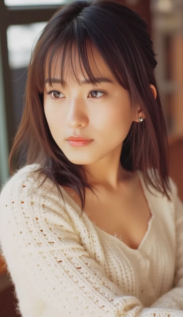 (Masterpiece: 1.3), (8k, Photorealistic, RAW Photo, Best Quality: 1.4), (1girl), Shallow depth of field, Face in focus, Soft focus, Beautiful face, (Backlight: 1.5), (Ambient: 1.3), (Realistic Face), (Black hair, Medium Short: 1.3), Hair with gentle waves, Hair that flutters and spreads in the wind, back hair spread in the wind, short bangs, realistic eyes, dark brown eyes, highlights in pupils, beautiful detail eyes, (plenty of natural light), (realistic skin), beautiful skin, (blouse with white collar), gold chain necklace, gold chain bracelet, watch, small handbag, light solid color pale blue-gray background, absurdity, attractive, ultra high resolution, ultra realistic, High definition, golden ratio, close-up angle of walking during commuting time, gesture of raking hair with hands