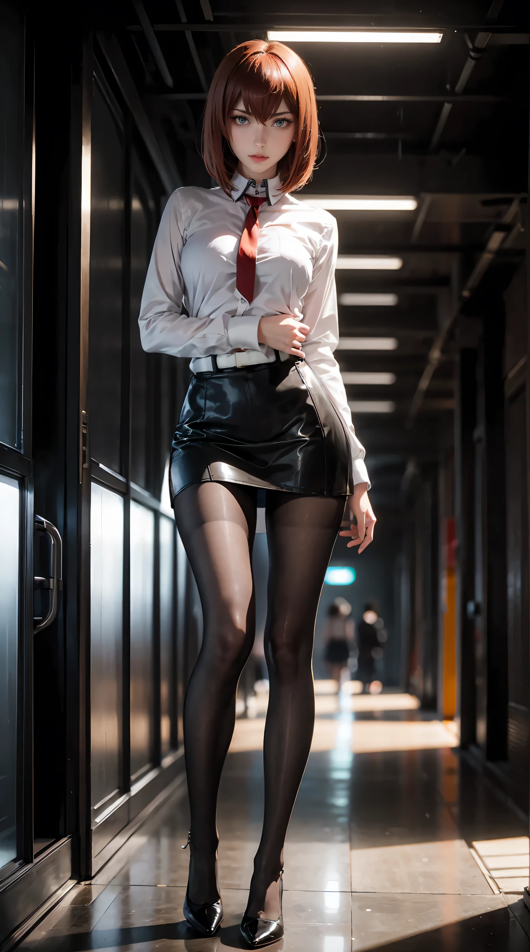 tall adult women ,excellent style,Makise Kurisu,Christina,miniskirt,high heels,pantyhose, black tights,bob cut,sweaty, My bra is watching, Bare Bare , standing,front,full body,low angle,