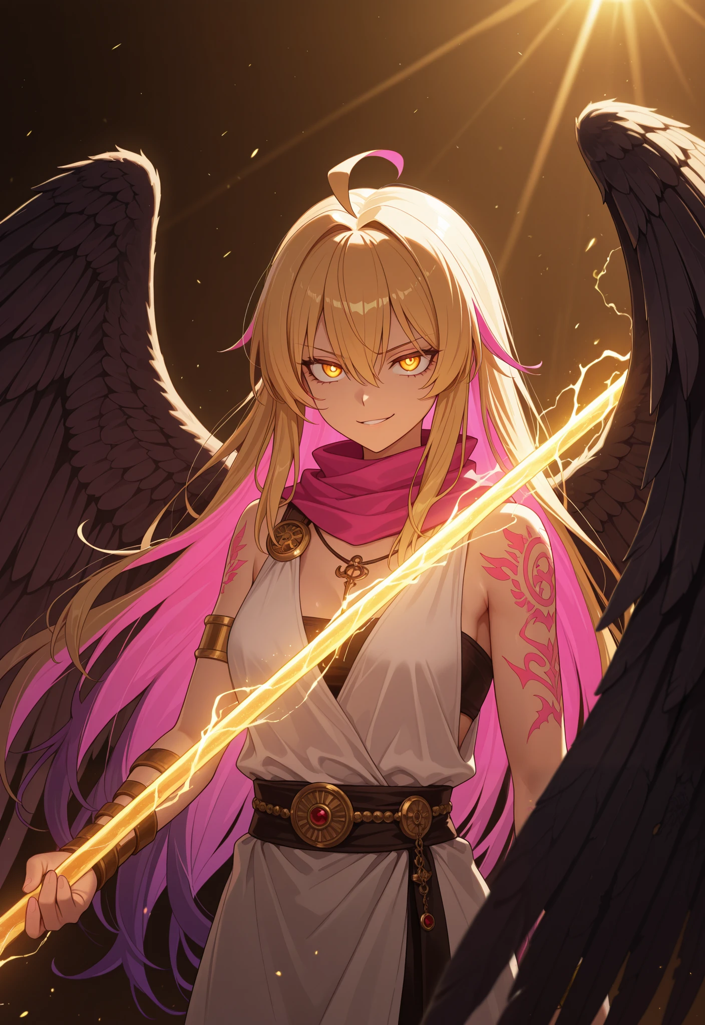 1girl, female focus, upper body focus, cowboy_shot, long shot, seraphim angels, biblical angel, many wings, damaged wings, seeledef, golden eyes, (purple hair, (golden hair:1.33), (pink hair:1.22), multicolored hair:1.1), long hair, hair between eyes, ahoge, small breats, toga, peplos, ancient greek clothes, greco roman clothes, white clothes, pink scarf, gunscythe, cosmic magical lightning blood bleeding scythe, valkyrie, greek clothes, smirk, wide eyes, anger, aggressive stance, golden aura, golden lights, alien weapon, pagan, Celtic tattoos, glowing pink tattoos, pink aura
,(realistic lighting, masterpiece, highres, absurdres, depth of field, best quality, amazing quality, very aesthetic, high resolution, newest, hyper-detailed:0.78), (SuperQuality:1.2) dynamic pose