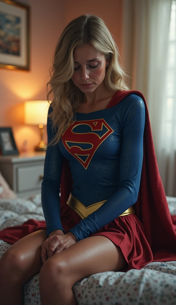 MELIISSA BENOIST AS SUPERGIRL IN HER SUPERGIRL COSTUME AND CAPE LEANING OVER HER BED GETTING SPANKED ON HER ASS BY LENA LUTHER.