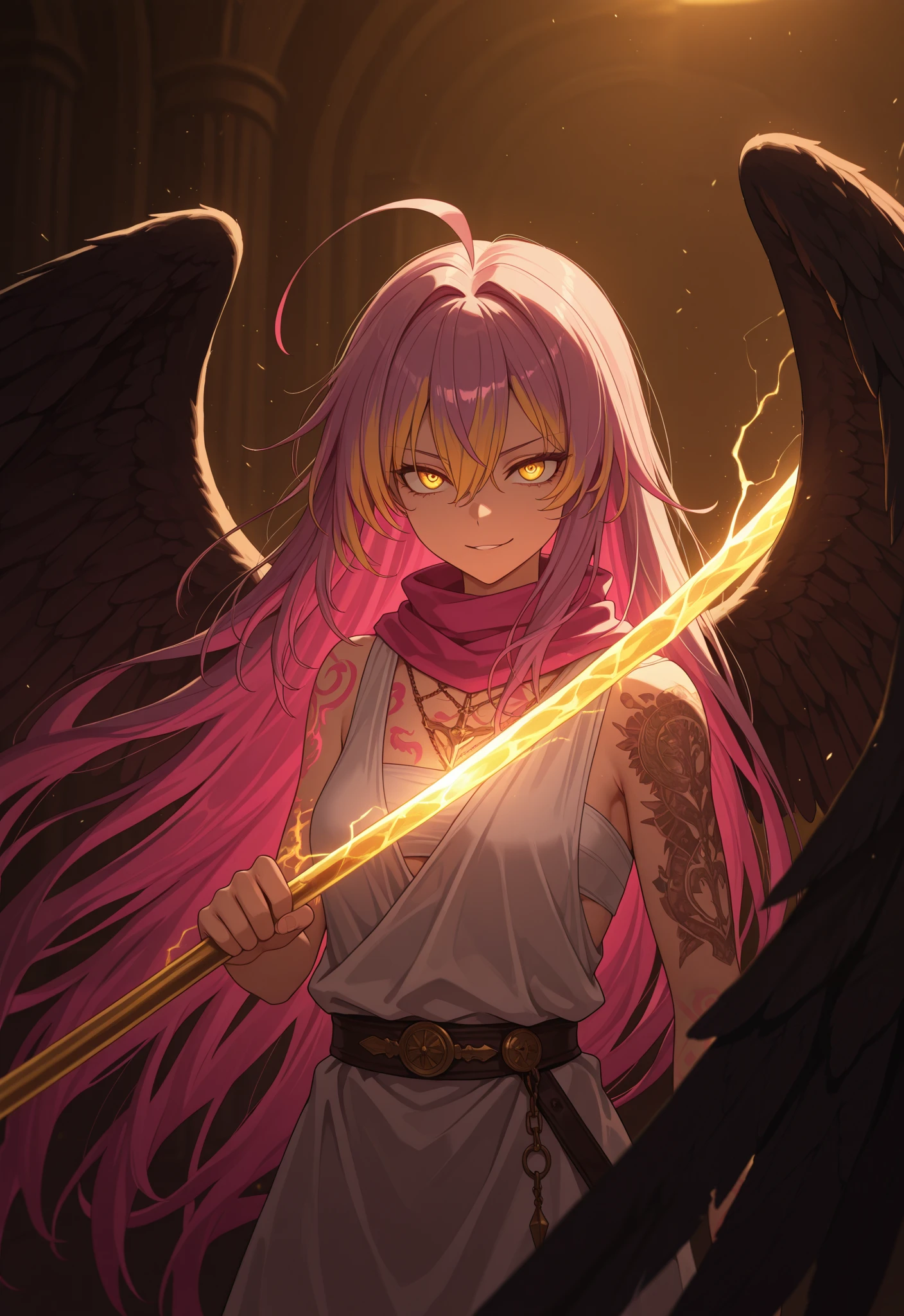 1girl, female focus, upper body focus, cowboy_shot, long shot, seraphim angels, biblical angel, many wings, damaged wings, seeledef, golden eyes, (purple hair, (golden hair:1.33), (pink hair:1.22), multicolored hair:1.1), long hair, hair between eyes, ahoge, small breats, toga, peplos, ancient greek clothes, greco roman clothes, white clothes, pink scarf, gunscythe, cosmic magical lightning blood bleeding scythe, valkyrie, greek clothes, smirk, wide eyes, anger, aggressive stance, golden aura, golden lights, alien weapon, pagan, Celtic tattoos, glowing pink tattoos, pink aura
,(realistic lighting, masterpiece, highres, absurdres, depth of field, best quality, amazing quality, very aesthetic, high resolution, newest, hyper-detailed:0.78), (SuperQuality:1.2) dynamic pose