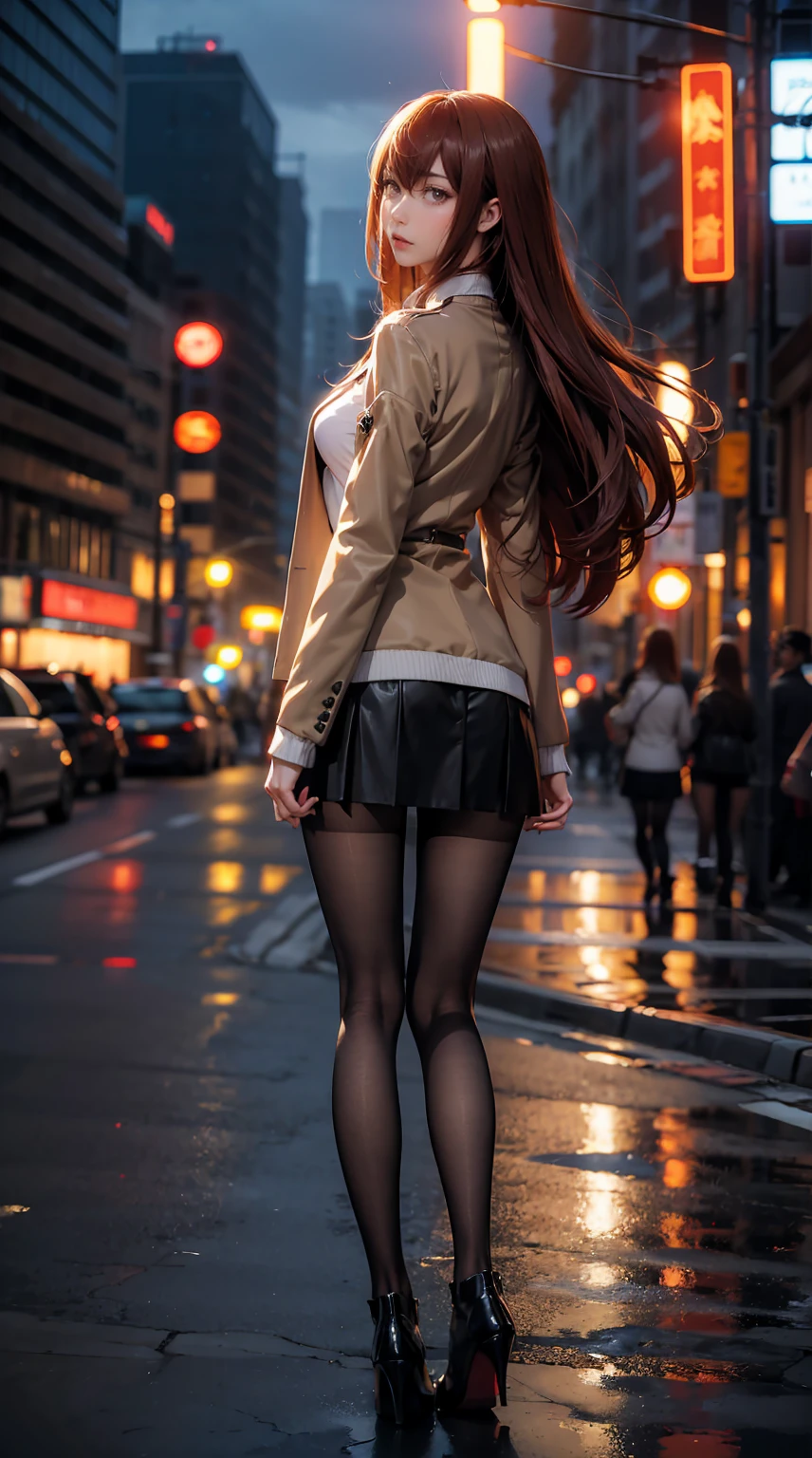 a 17 year old girl, she is the most beautiful actress in the world, the perfect body proportions of this girl, the blazer is appropriately buttoned up on her waist area of the shirt that she wears, her crotch area of the panties between her bare legs are hardly hidden by the short skirt, it's just the front of her body, it's just one description, it from right above her head to right below her shins are within the apace, she is standing straight at the street, detailed things she wears, nsfw, best quality, highly detailed, masterpiece, ultra high res, photo realistic, 8k, RAW photo