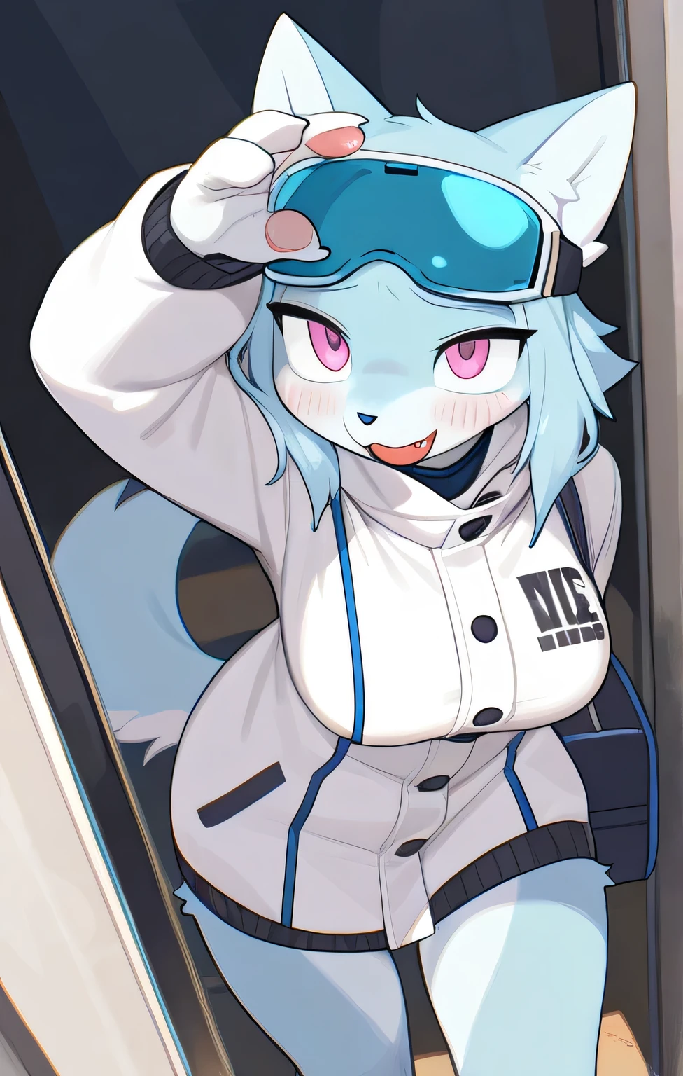in, top quality, masterpiece、 cartoon anime、female furry、 light blue beast 、forehead goggles 、 White Coat、 laser scisse
、