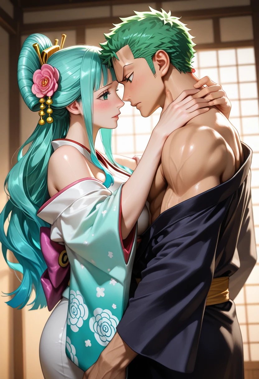 Masterpice, best quality, 8K, photo realistic, (1boy and 1girl, hetero:1.5), having sex, beautiful eyes, delicate eyes, he has black short hair, (she has straight long yellow green hair, hair down, ((big hair)), 80's hairstyle, bang, (middle part), show off her ear:1.6), she has green eyes, she has round and big eyes, (she wears dark purple sleeveless plane cropped yukata, narrow obi, tabi, no undressing:1.7), red panties, Inner is black mesh full body tights, no frills, no ribbon, gorgeous face, she is very young caucasian girl, (heart face:1.2), (correct anatomy:1.4), correct face, perfect face, full body, break,
(she has ultra huge breasts:1.6), (she has beautiful small pink nipples:1.2) (she has big ass and seductive thighs:0.8), (muscular:1.3), break,
(nsfw:1.3), (creampie:1.5), she has vagina, he has penis, (clothing aside, penetration:1.7), (open her legs:1.2), (slut:1.2), (tear:1.6), (sweat:1.4), (cry:1.9), (orgasm face:1.5), (surprise:1.2), (tongue out:1.7), (smile:0.2), obedience, sex slave, break, (standing, draw close to each other, missionary position, embracing, Pressing each other's bodies:1.5), side view, ((she clings to his body with her legs), he sucks her breasts, he grabs her breasts, he grabs her waist, soul kiss, :1.5)