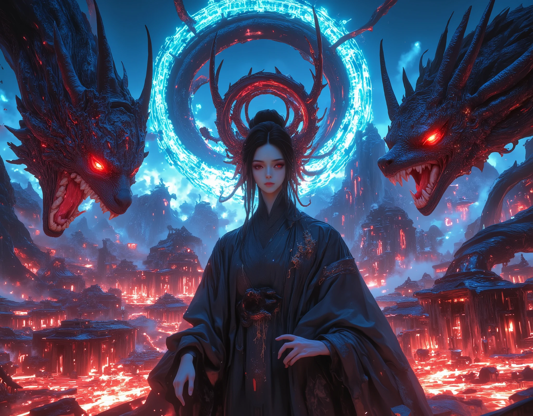 1girl, detailed japanese girl, beautiful detailed anime girl, elegant japanese woman, delicate facial features, mysterious expression, dynamic pose, powerful dragon, large dragon backdrop, dramatic angle, cinematic view, detailed fantasy landscape, mountainous environment, vibrant colors, digital painting, 8k, ultra-detailed, volumetric lighting, cinematic lighting, dramatic shadows, vivid colors, warm color palette, digital art,