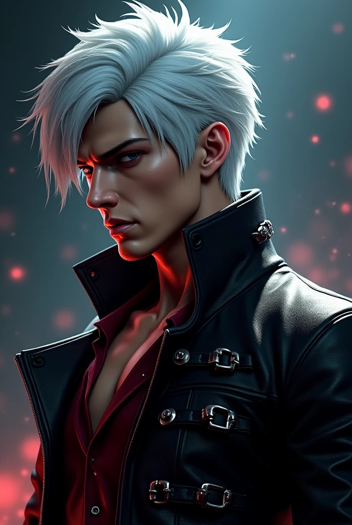 Jackson Wang Asian 25 years old, white hair color, red eyes a good defined and marked body with the shirt open, with Blade the Vampire Slayer attire