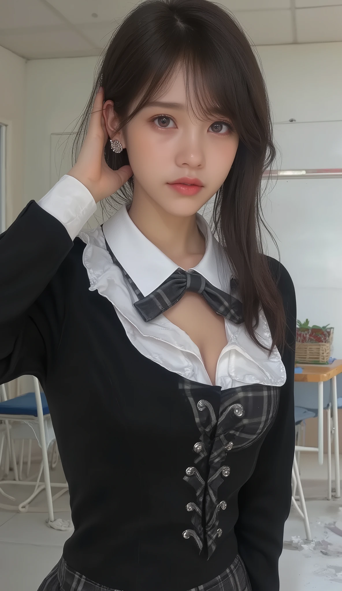(masterpiece,latest,Exceptional:1.2),1 girl who died,Black school uniform,white blouse, classroom,Big Breasts、deep cleavage、Tight chest buttons
