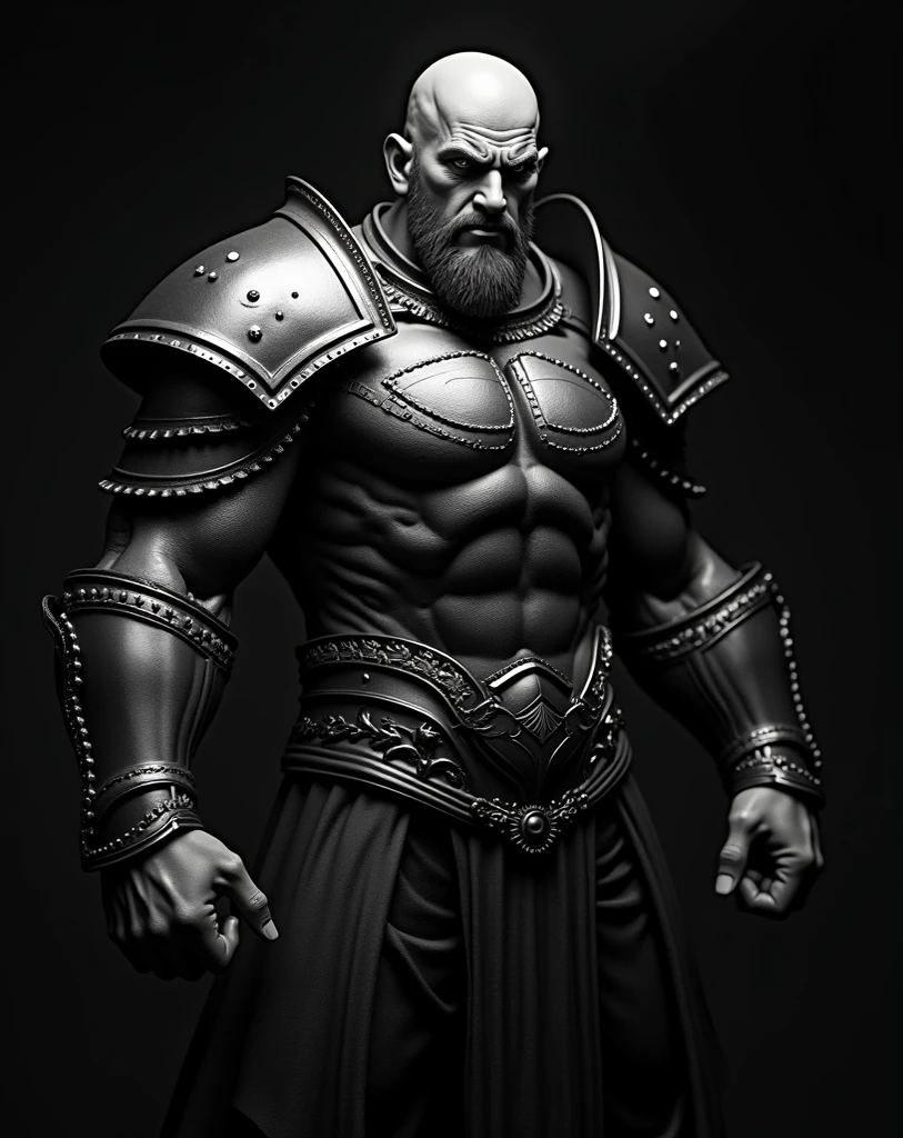 Gray clay style,(masterpiece, best quality), Grayscale, 1boy, male focus, solo, muscular, facial hair, topless male, beard, mustache, belt, old man, old, faux figurine, abs, grey skin, standing, manly, pants, full body, muscular male, colored skin, grey hair, pectorals