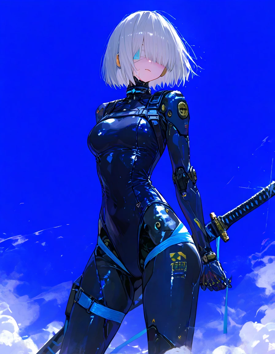 Anime Character; Full Body Art, FULL BODYSHOT, laserpunk fullbodysuit, this character has cryokinesis, fullllbody, Full-size persona, shin megami tensei, !!Full body portrait!!, full body with dynamic pose, Tall anime beautiful girl with blue eyes, silver eyes full body, ((1 girl in)), Beautiful girl born in Scandinavia, large full breasts:1.5, beautiful boob, Erotic smile, Holding a spear,Blushing face, Beautiful blonde hair, Precise feet without discomfort, cosmic background, A detailed eye:1.2,Shorthair, sexual, eye liner, Equipped with mechanical armor,