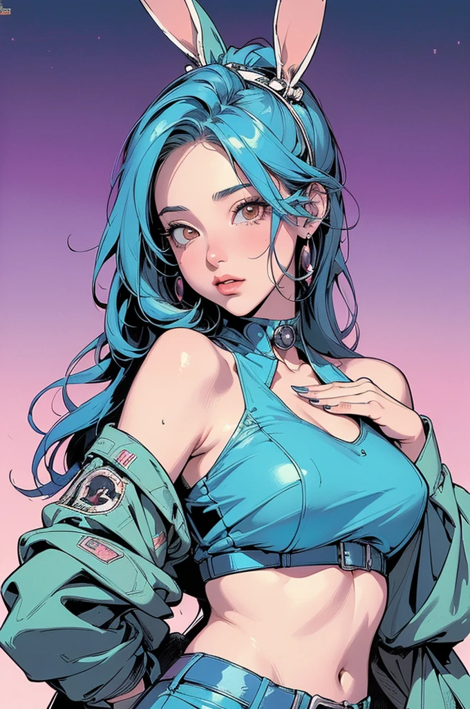 Trigun、Persona、Beautiful woman、Movie Posters、Upper Body、Model pose、mysterious、Small breasts、Black Hair、Short sleeve、(((A detailed and complex drone)))、(((The perfect drone)))、(((Blue hair color)))、Gorgeous detailed hair ornament